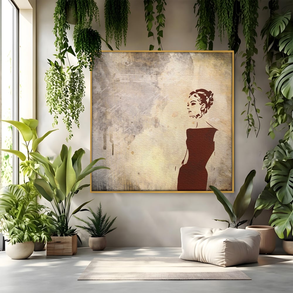 Tablou canvas cu ilustratie cu o femeie in rochie, in rama de aluminiu auriu